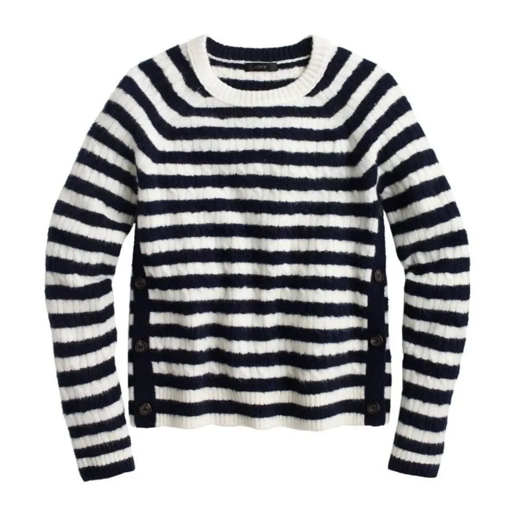 J.Crew Navy and White Stripe Sweater Womens Sz S Buttons-up on the Sides Coastal